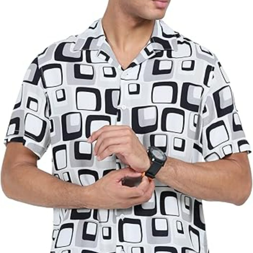 Ferox Moda Men's Hawaiian Shirt – Geometric Print, Rayon, Medium Size